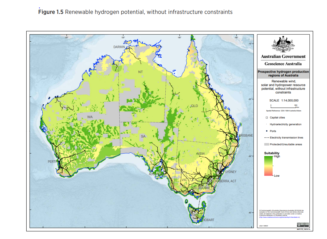 Renewable hydrogen potential without infrastructure constraints map of Australia
