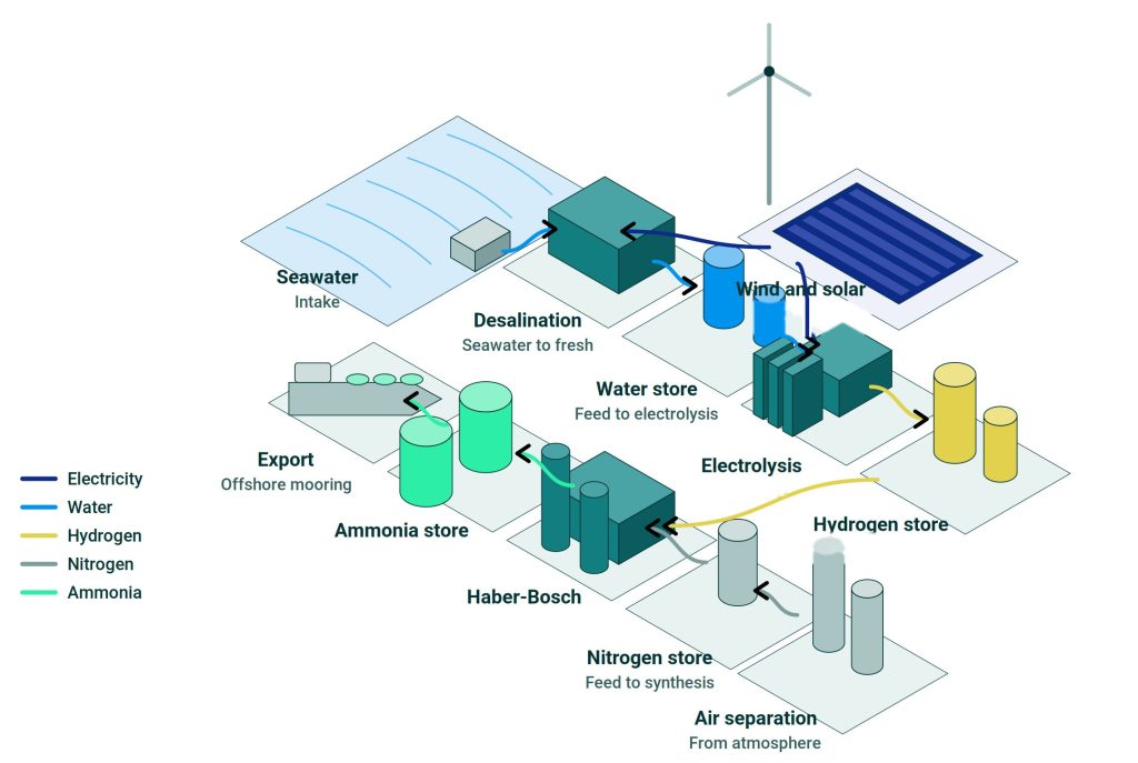 Green ammonia process chain, from seawater and air to shipped product